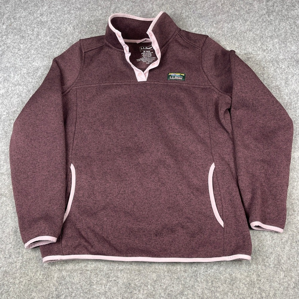 LL Bean Women Sweater Fleece Pullover Burgundy Pink Snap Neck Medium 292726